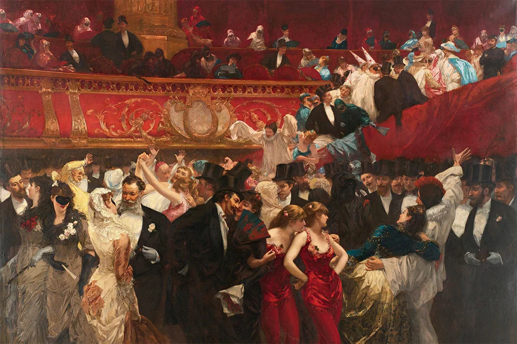 A painted masked ball at the opera: masked dancers crowd the floor beneath red and gold balconies